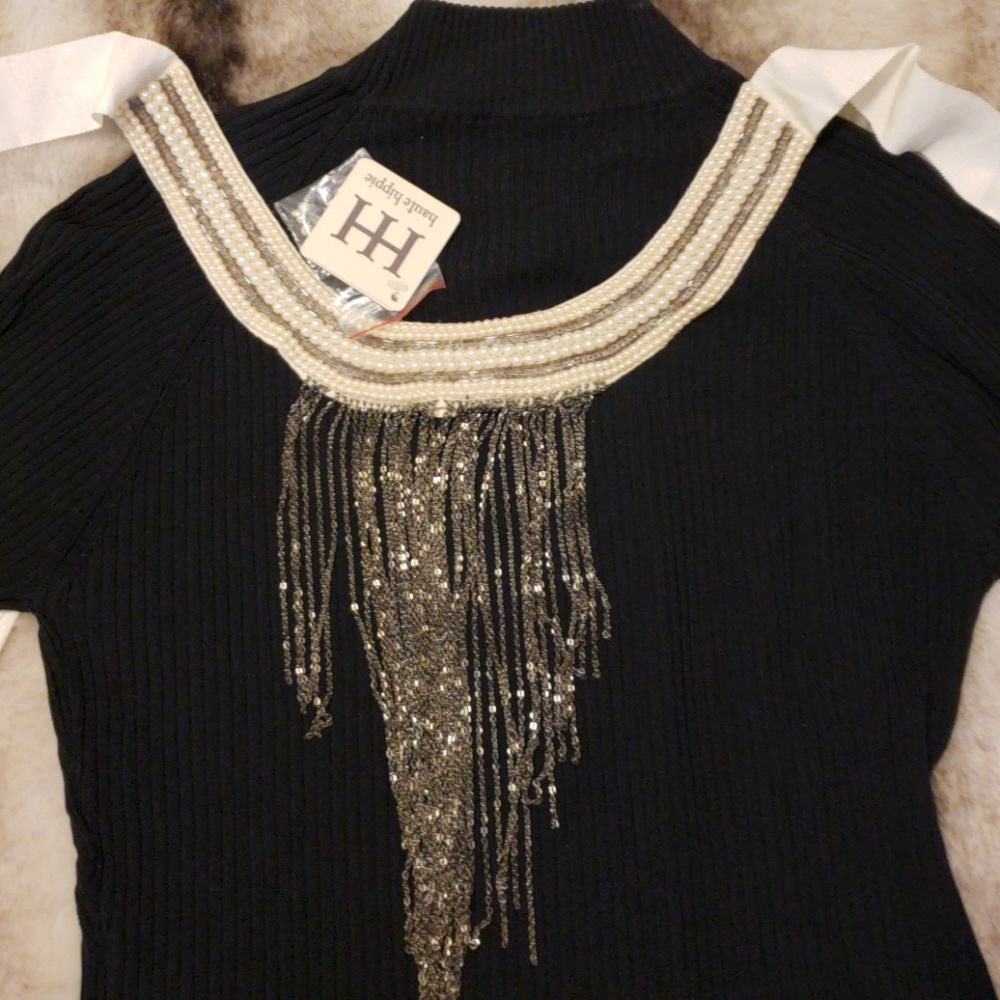 NWT HAUTE HIPPIE pearl/grey metal fringe